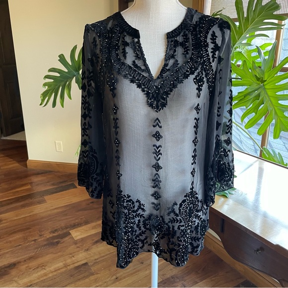 Hale Bob Silk Blend Velvet Burn Out Beaded Sheer Dark Romantic Blouse Top size S - Picture 1 of 13